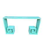 Mid century console table with greek key design in distressed beach finish - Mid Century Furniture