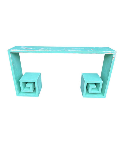Mid century console table with greek key design in distressed beach finish - Mid Century Furniture