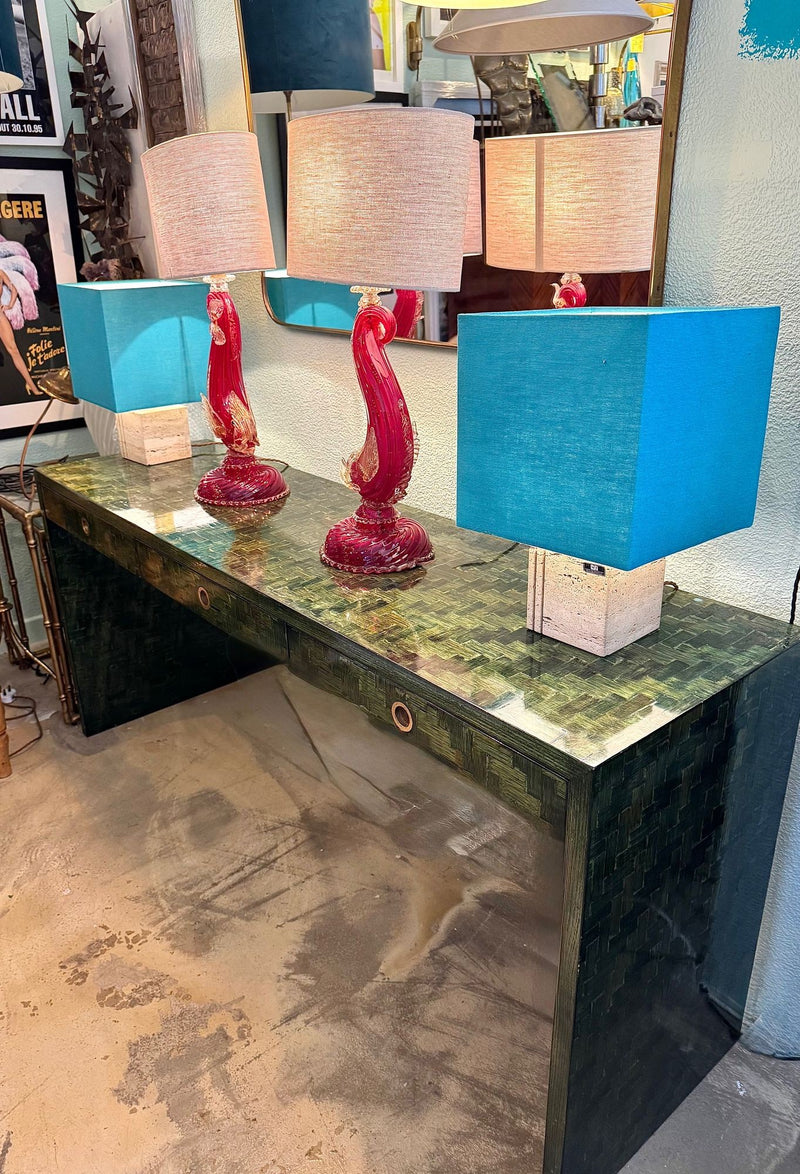 Mid Century console table woven green rattan by Vivai Del Sud