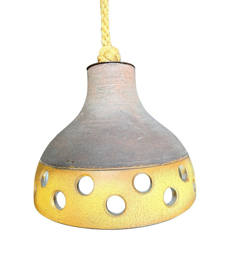 A set of three 1960s French glazed ceramic ceiling lights suspended from thick knotted rope