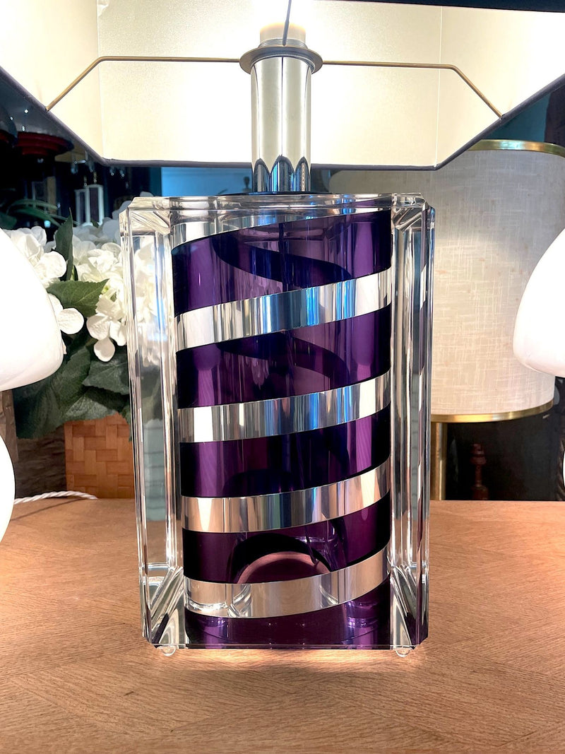 A large Mid Century Table lamp made of lucite and chrome with purple and chrome stripes and a black shade - Mid Century Lighting - 1970s table lamp