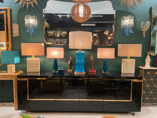 A 1970s vintage black piano lacquer sideboard by Jean Claude Mahey for Roche Bobois with brass detail
