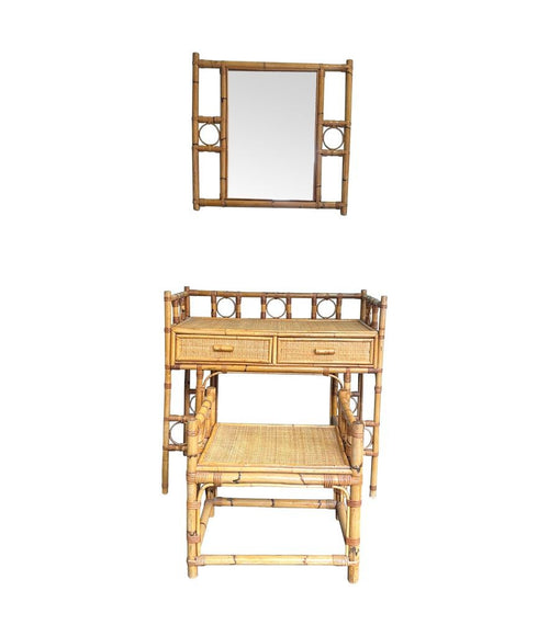 Italian Vintage bamboo & rattan dressing table set with two drawer dressing table, stool and mirror Circa 1970s 