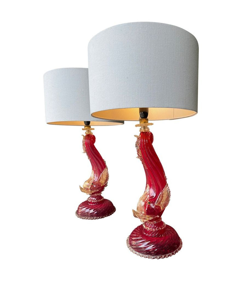 A wonderful pair of 1940s red Murano dolphin lamps by Barovier & Toso