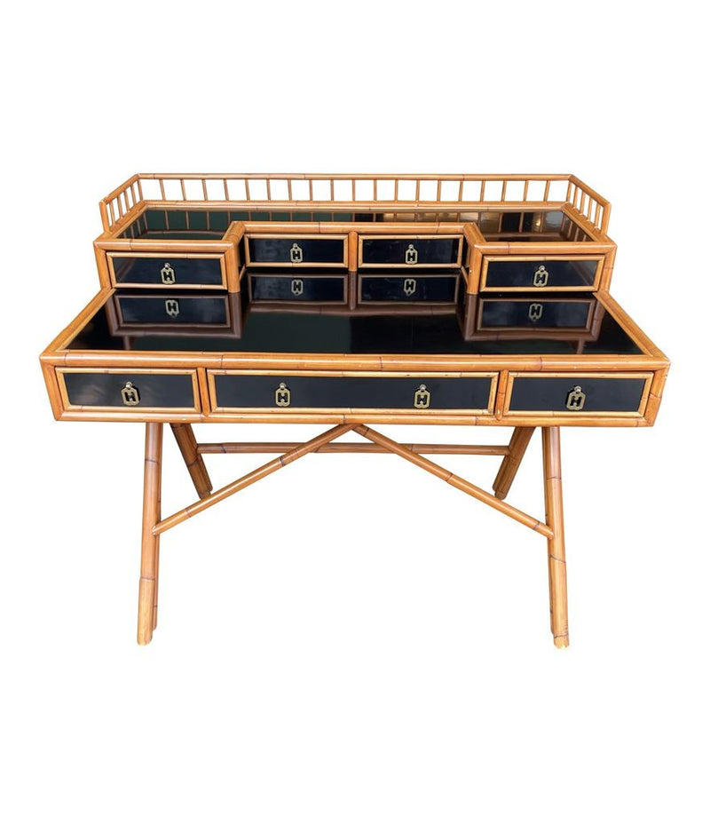 Mid Century Bamboo, brass and black laminate desk with galleried top - Mid Century Furniture - Ed Butcher Antiques Shop London