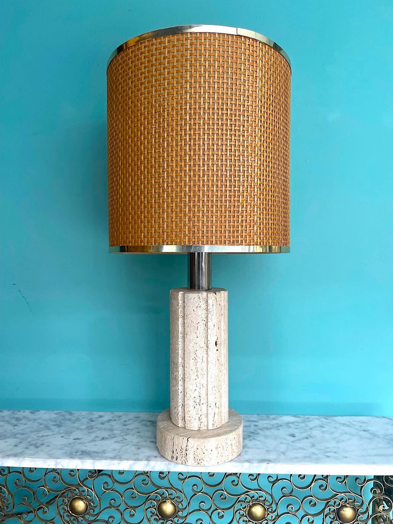 Mid Century travertine Lamp by Fratelli Manelli with rattan shade - Mid Century Lighting - Ed Butcher Antiques Shop London