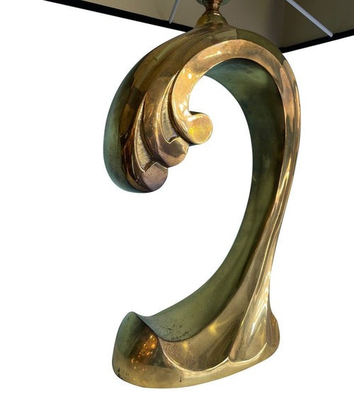 Mid Century table lamps in the form of a Brass Wave  by Regina with black shades - Mid Century Lighting