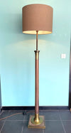 Mid Century Floor Lamp wooden and brass with natural linen drum shade - Mid Century Lighting