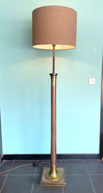 Mid Century Floor Lamp wooden and brass with natural linen drum shade - Mid Century Lighting