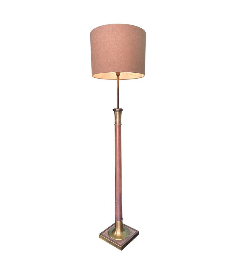 Mid Century Floor Lamp wooden and brass with natural linen drum shade - Mid Century Lighting