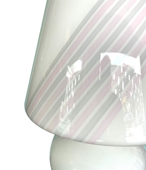 A large Mid Century handmade Murano glass white mushroom lamp with pink and grey striped detail - Mid Century Lighting