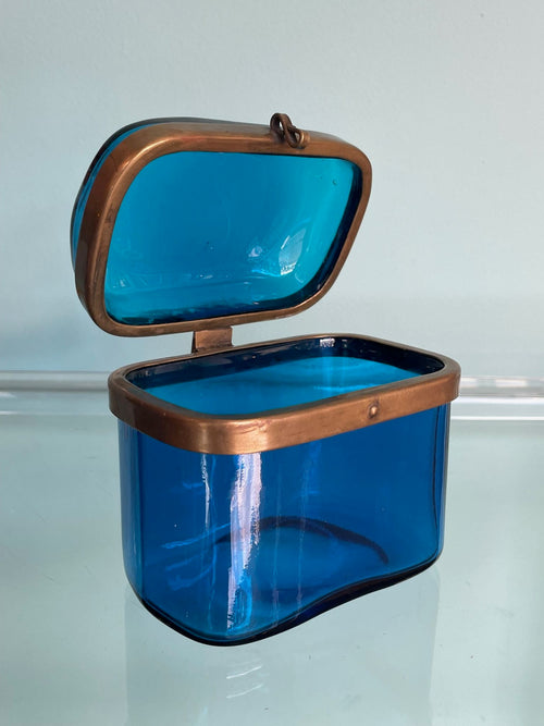 Vintage Blue Murano glass jewellery box with brass clasp