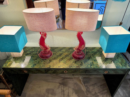A 1970s woven green rattan three drawer console table by Vivai Del Sud