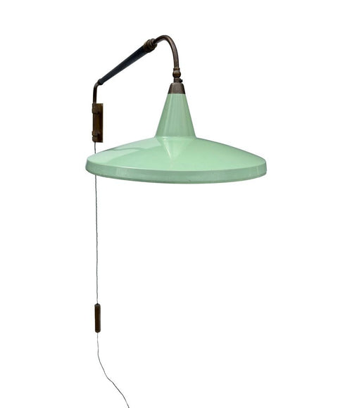 An Italian 1950s Stilnovo brass extendable telescopic wall light with green stitched leather arm