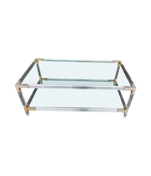 A French Mid Century lucite and brass two tiered coffee table with glass plates - Mid Century Furniture