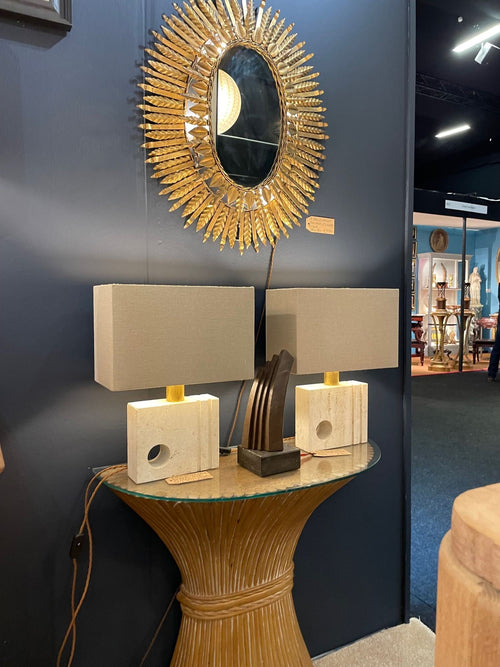 A faux bamboo demilune console table shaped as a tied wheat sheaf, with glass top.