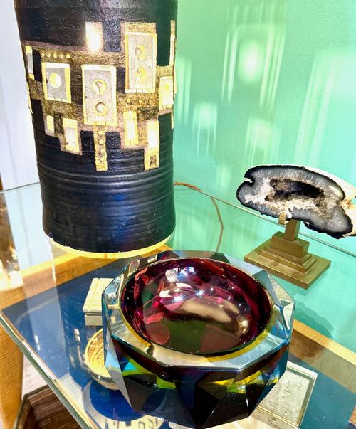 A large heavy 1960s faceted Sommerso Murano glass bowl by Seguso in blue, purple and yellow