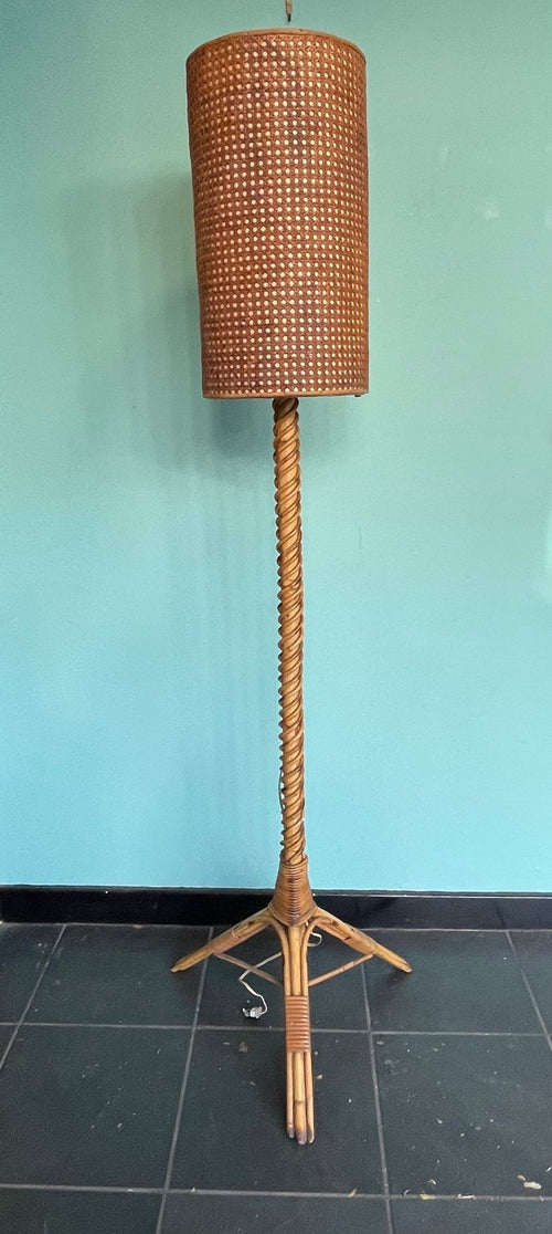 A wonderful French 1960s bamboo floor lamp by Louis Sognot with original bamboo shade