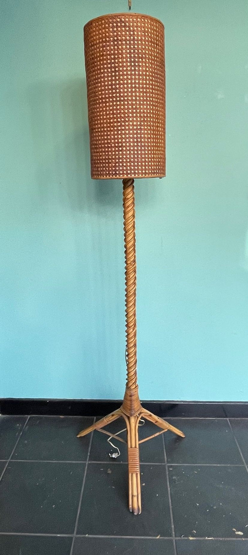 A Mid Century French bamboo floor lamp by Louis Sognot with original bamboo shade - Mid Century Lighting