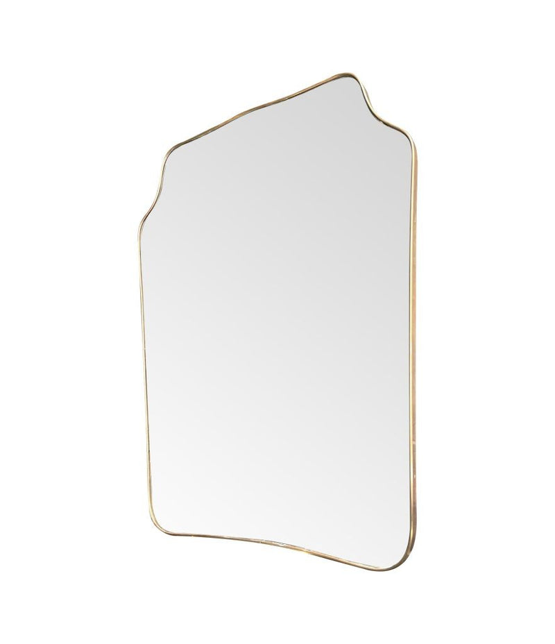 A large original 1950s Italian shield mirror with brass frame, original plate and solid wood back