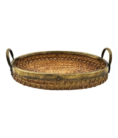 An Italian 1970s woven pencil reed bamboo and brass basket with two brass handles
