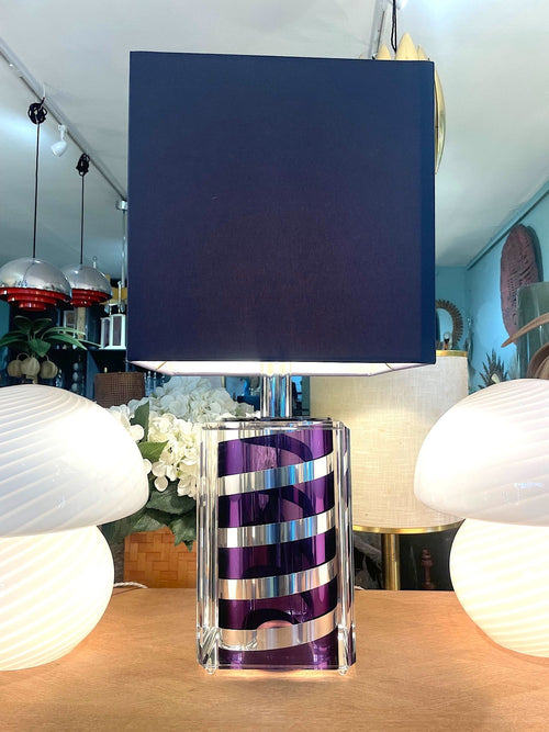 A large Mid Century Table lamp made of lucite and chrome with purple and chrome stripes and a black shade - Mid Century Lighting - 1970s table lamp