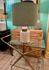A large Fratelli Manneli ribbed Italian 1970s travertine lamp with brass detail