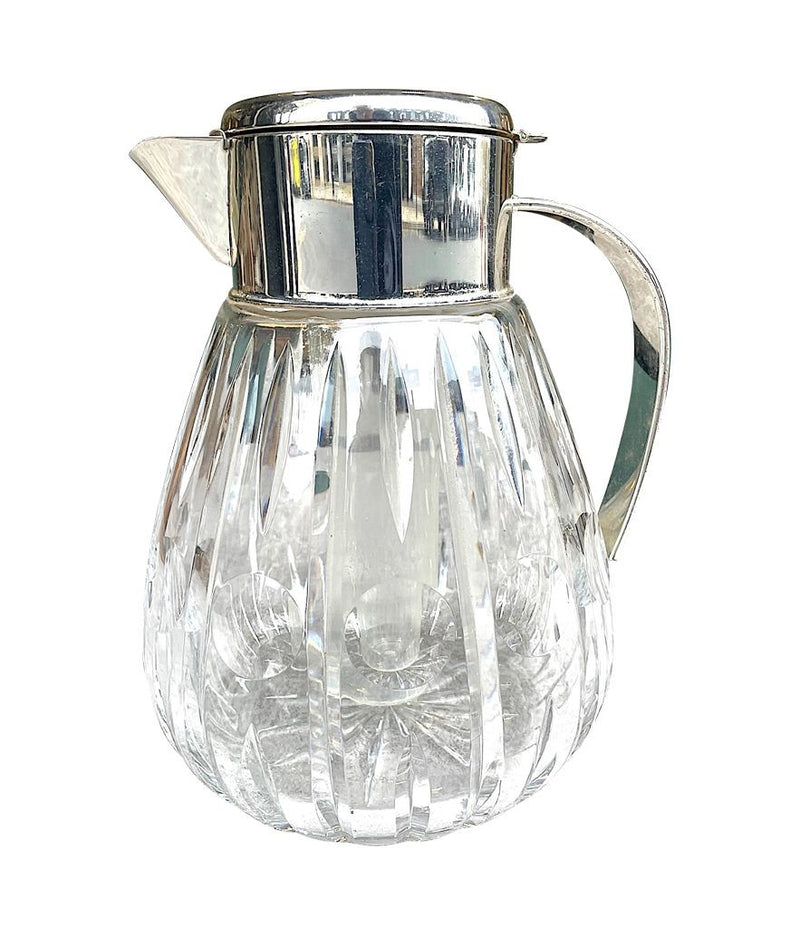 Mid Century Crystal lemonade jug with silver plated handle and central ice tube - Vintage Barware