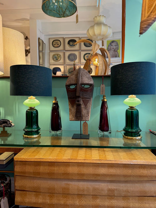 A pair of large large dark and light green Murano opaline lamps by Cenedese