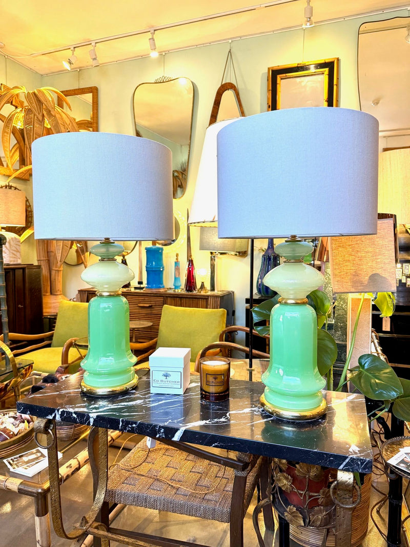 A pair of 1960s Murano glass green opaline lamps with brass base and fittings