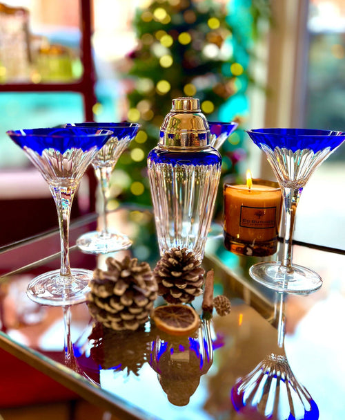 A Faberge crystal "Grand Duke" cocktail set with silver plated cocktail shaker and 4 glasses