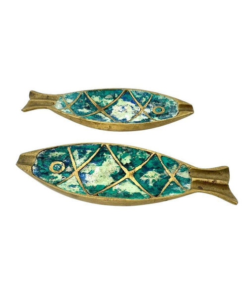 A pair of 1950s malachite and brass fish ashtrays by Pepe Mendoza