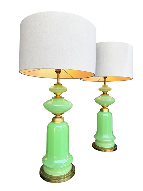 A large pair of 1960s opaline Murano lime green glass lamps by Gino Cenedese