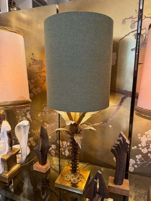 A lovely large French 1950s palm tree lamp with two fittings and bespoke green linen shade