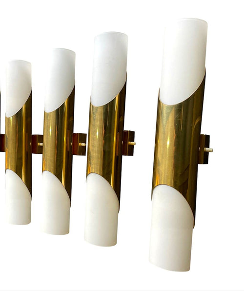 A pair of 1960s Neuhaus Leuchten white oplaine and brass wall sconces