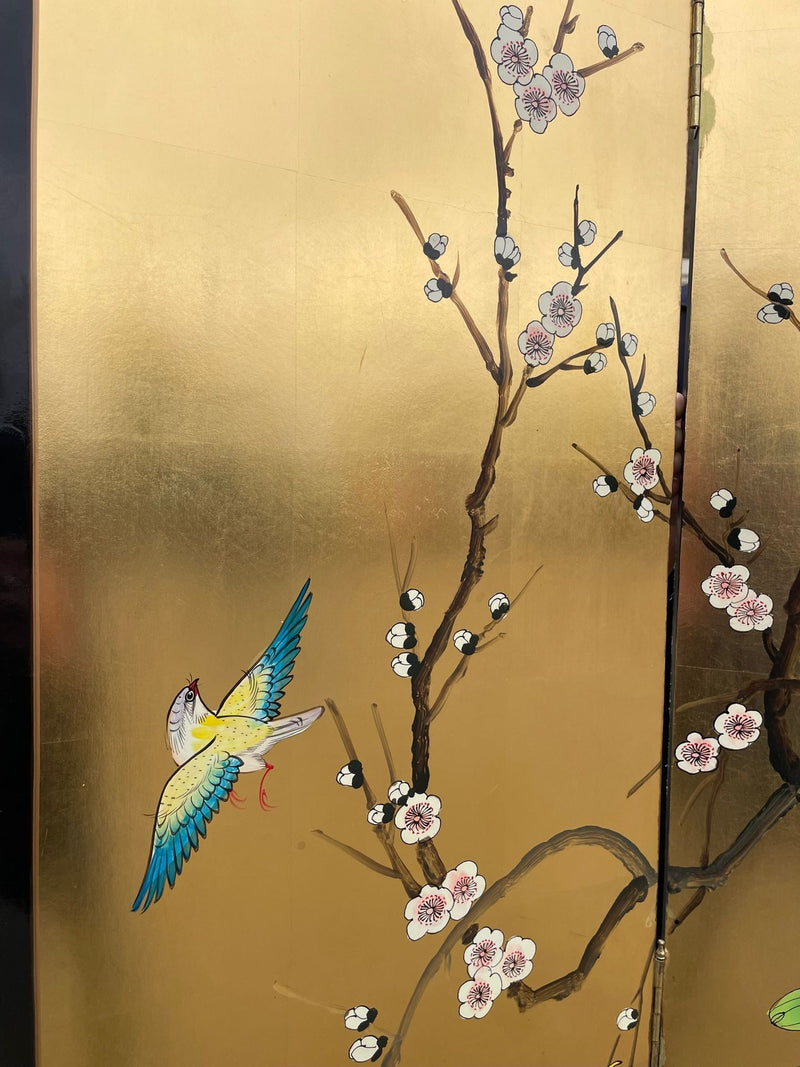 Mid Century Oriental Gold Leaf hand painted screen decorated with cranes, flowers and birds - Mid Century Furniture - Ed Butcher Antiques Shop London