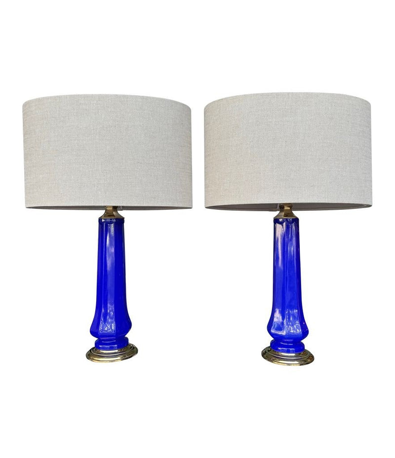 A pair of 1960s cobalt blue opaline Murnao glass lamps by Gino Cenedese