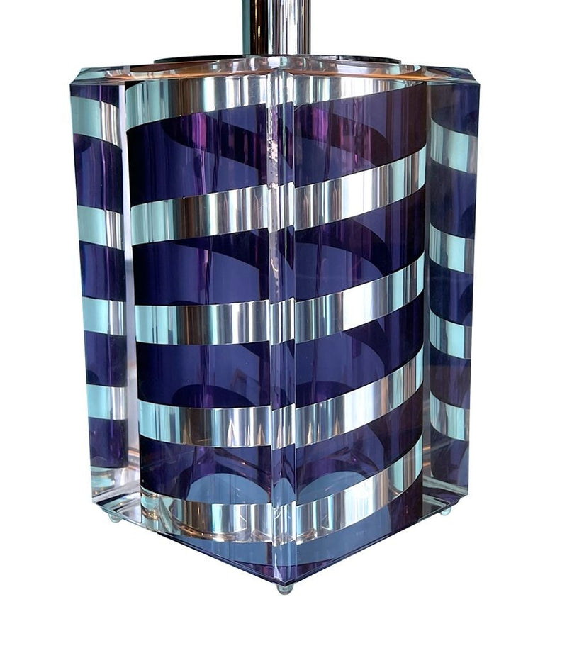A large Mid Century Table lamp made of lucite and chrome with purple and chrome stripes and a black shade - Mid Century Lighting - 1970s table lamp