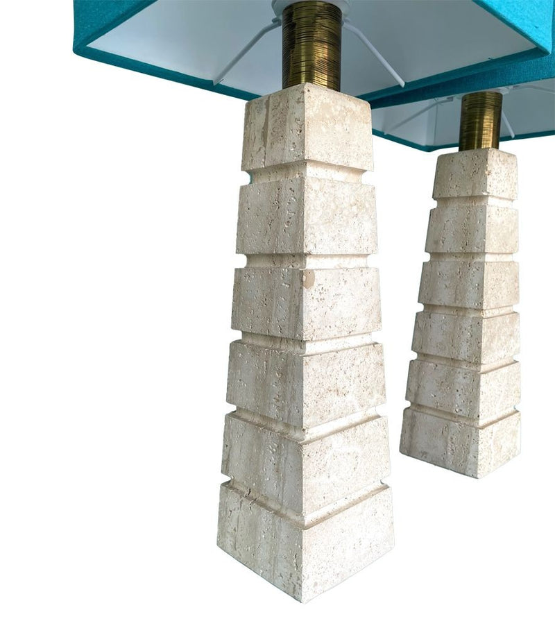 Mid Century table lamps with Travertine bases and brass fittings with blue linen shades - Mid Century Lighting