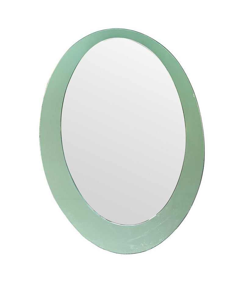 An Italian 1960s Crystal Arte oval mirror with pastel mint green mirrored frame