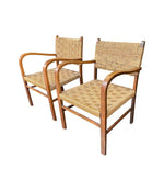 A pair of Mid Century French bent wood chairs in the style of Erich Dieckmann with original woven rope seats - Mid Century Furniture - Mid Century Chairs