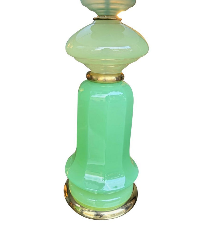 A pair of 1960s Murano glass green opaline lamps with brass base and fittings