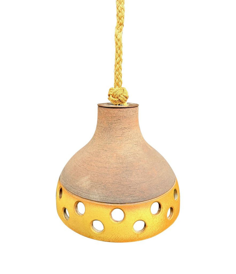 A set of three 1960s French glazed ceramic ceiling lights suspended from thick knotted rope