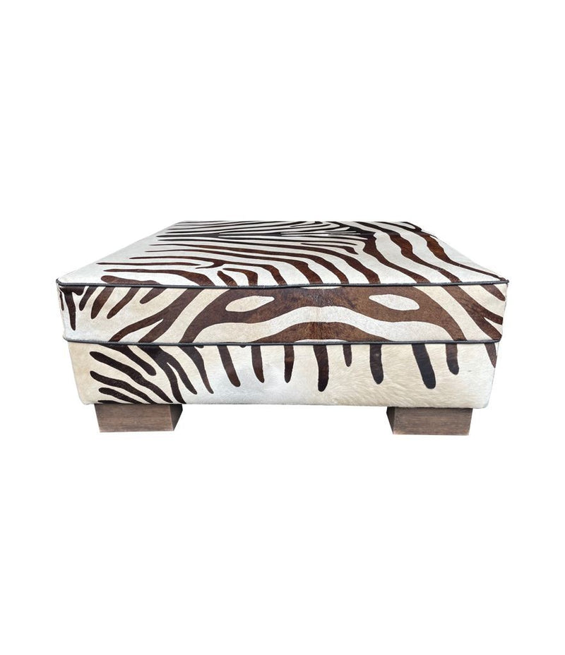 cowhide covered ottoman or coffee table with printed zebra skin design - Ed Butcher Antiques Shop London