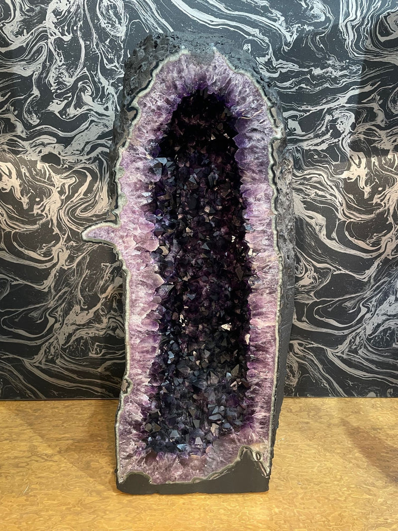 A stunning, large, high quality amethyst crystal geode cave cathedral in deep purple colour - Ed Butcher Antiques Shop London