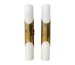 A pair of 1960s Neuhaus Leuchten white oplaine and brass wall sconces