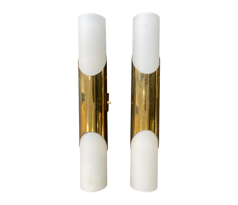 A pair of 1960s Neuhaus Leuchten white oplaine and brass wall sconces