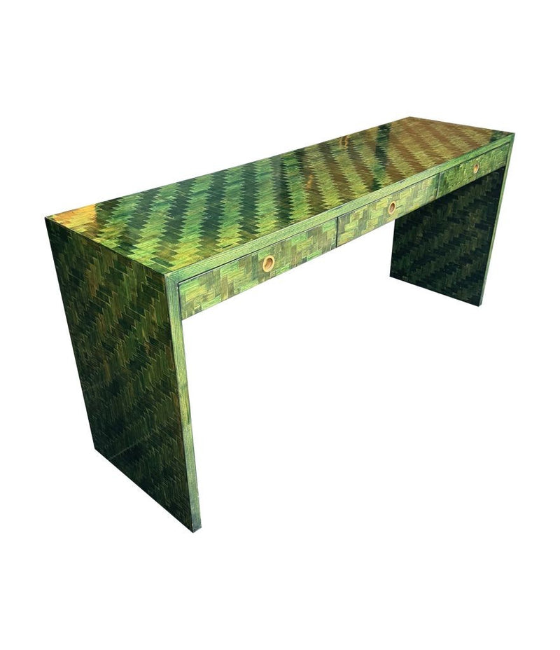 A 1970s woven green rattan three drawer console table by Vivai Del Sud