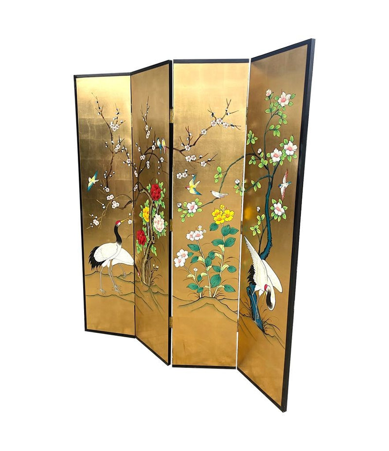 Mid Century Oriental Gold Leaf hand painted screen decorated with cranes, flowers and birds - Mid Century Furniture - Ed Butcher Antiques Shop London