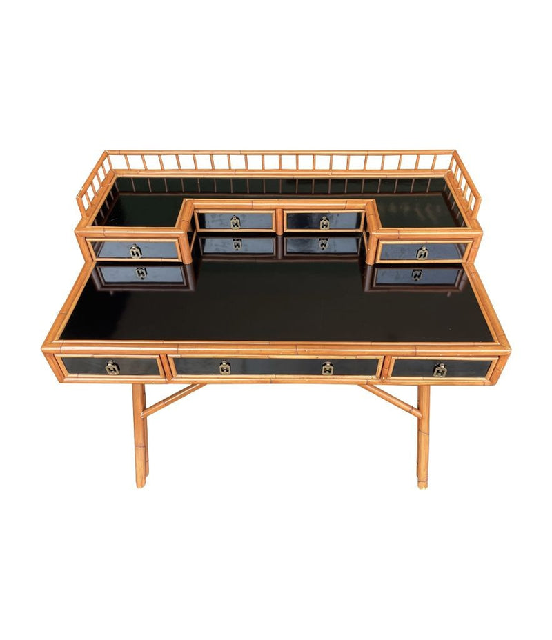 Mid Century Bamboo, brass and black laminate desk with galleried top - Mid Century Furniture - Ed Butcher Antiques Shop London